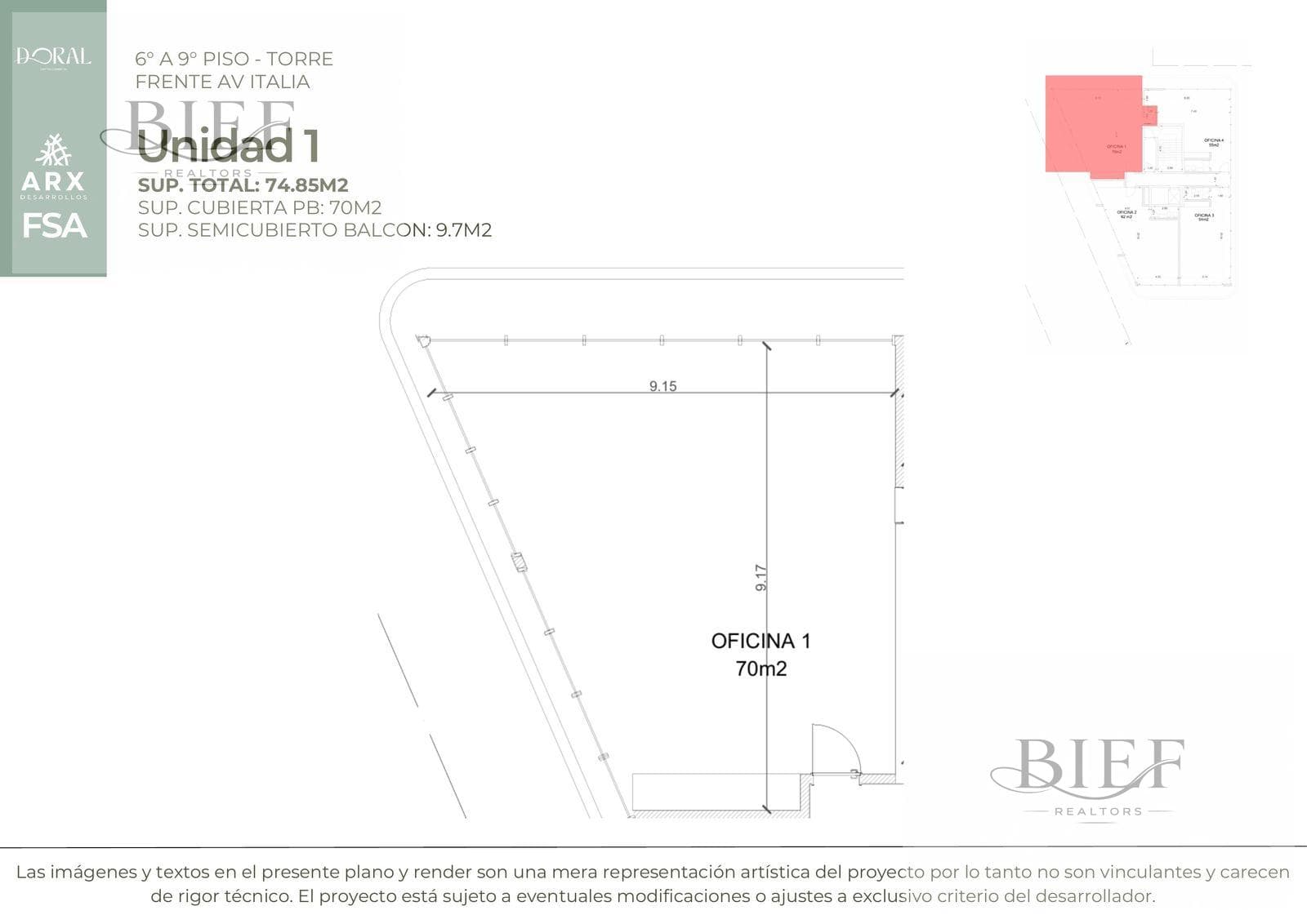 Depto 3 amb 75m² Frente Av. Italia · DORAL CC