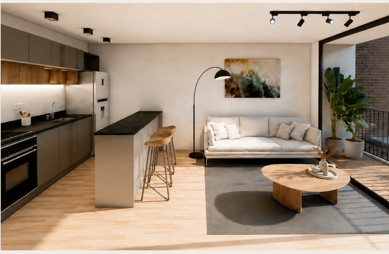 Cocina EVO Esencial con isla y mesada de granito negro, integrada al living
