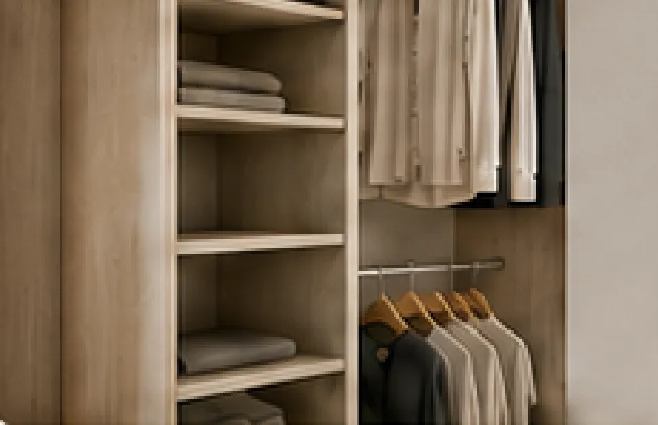 Interior de placard con estantes y barrales en melamina