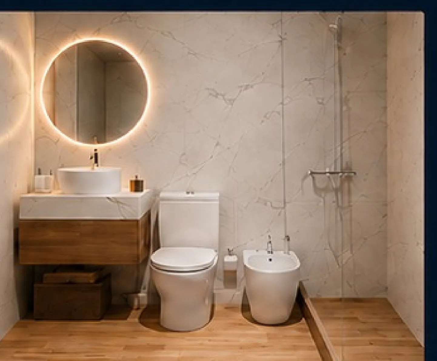 Baño EVO Integral con espejo circular con iluminación LED y ducha de gran formato