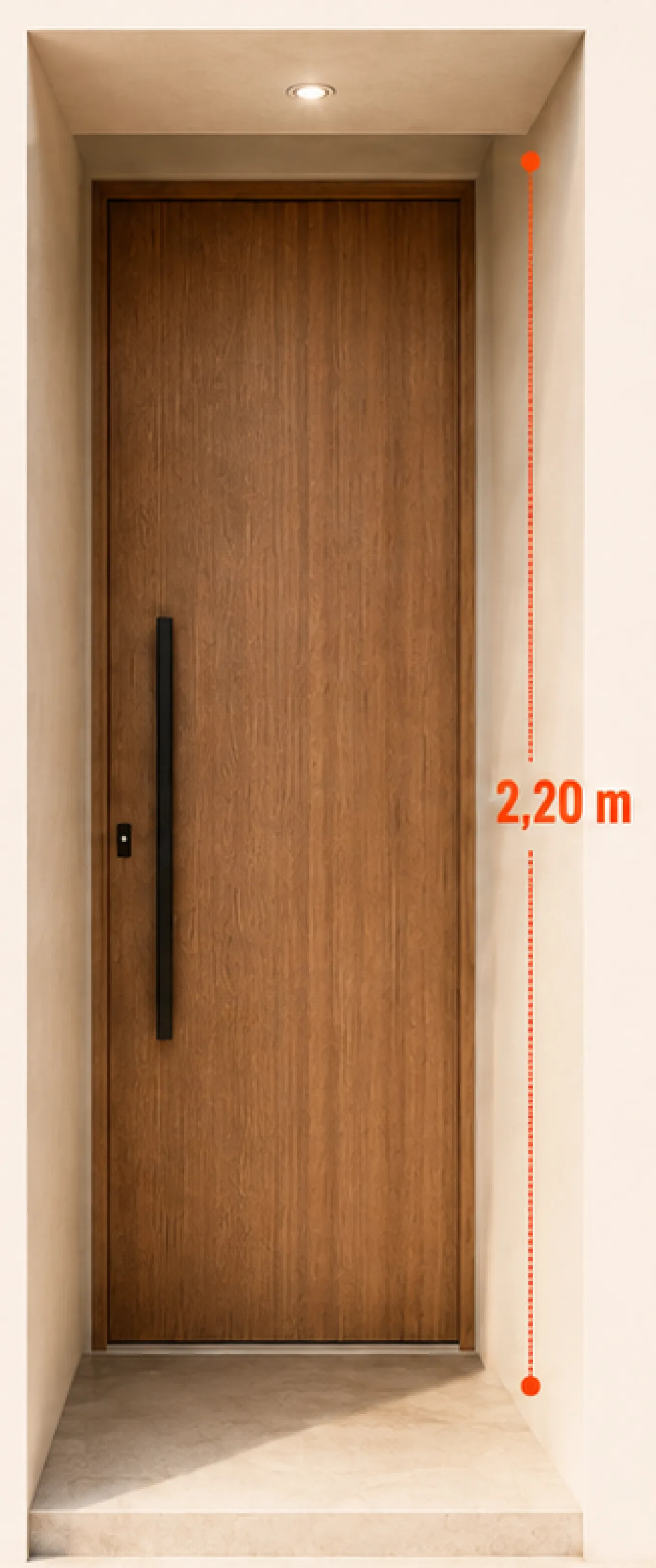 Puerta de acceso símil madera de 2,20 metros de altura, con la medida señalada