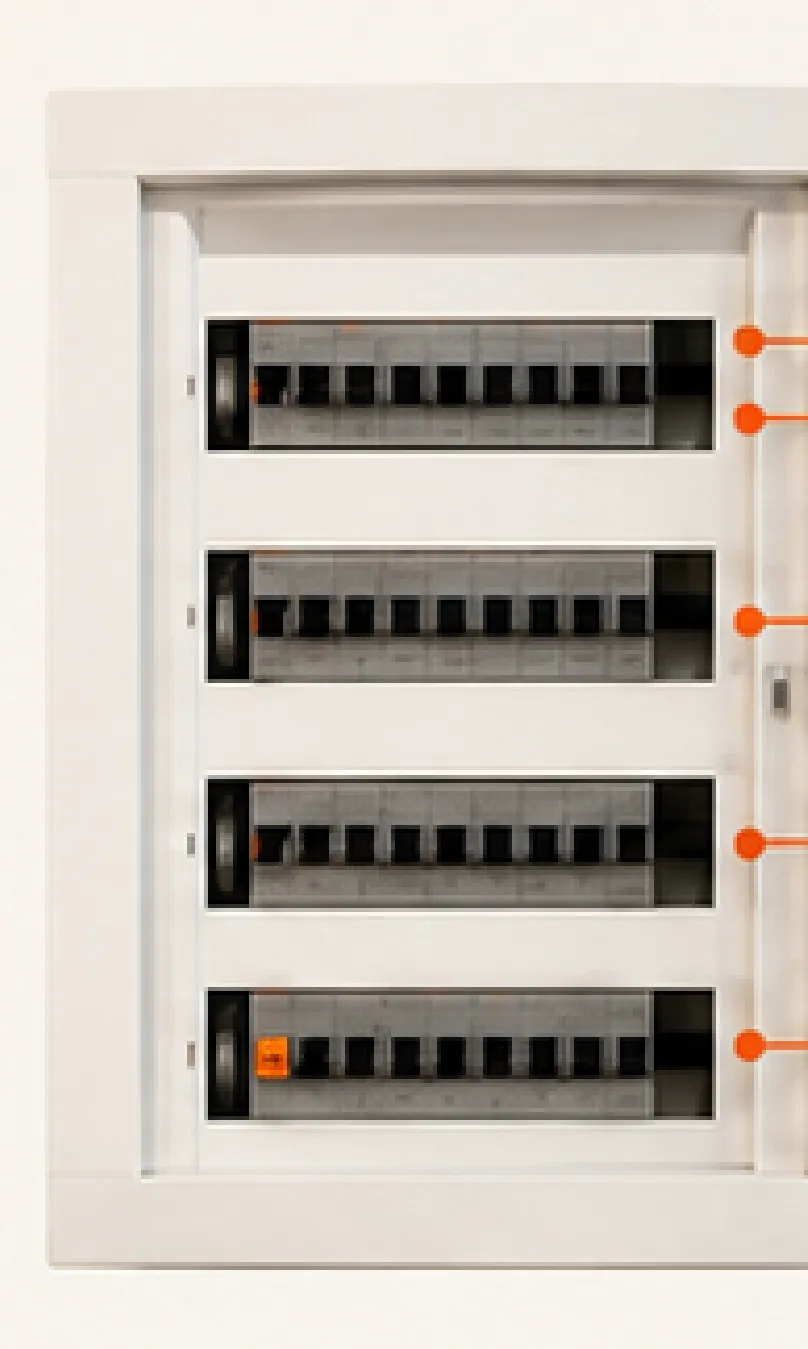 Tablero eléctrico abierto con las térmicas organizadas en cuatro filas